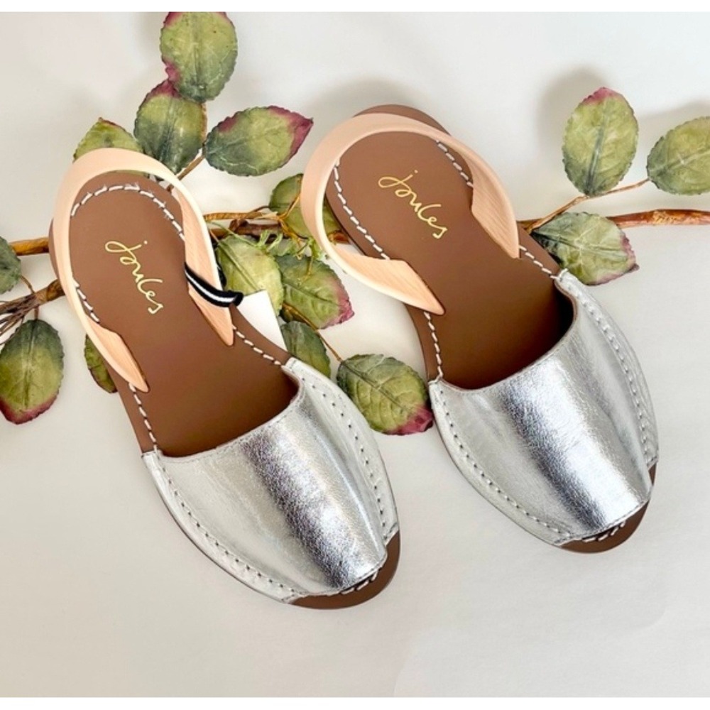 Joules Girls Silver Metallic Leather Avarca Sandals Slingback Flats UK 8/ US 9